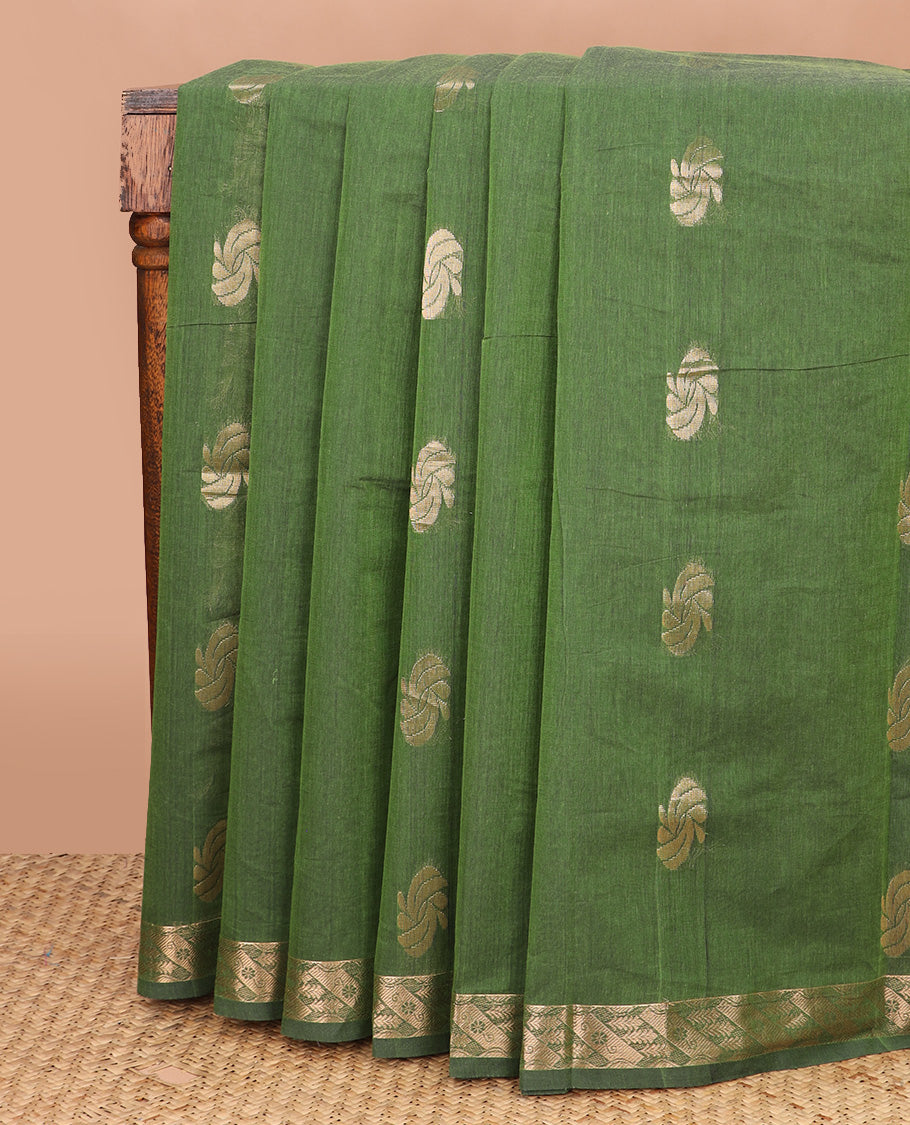 Olive green zari buttas Coimbatore Cotton saree, zari border, and pallu of zari designs