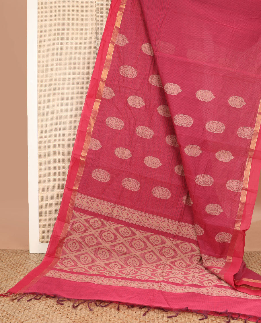 Red chakra buttas kanchi cotton saree, zari border, and jaal pallu