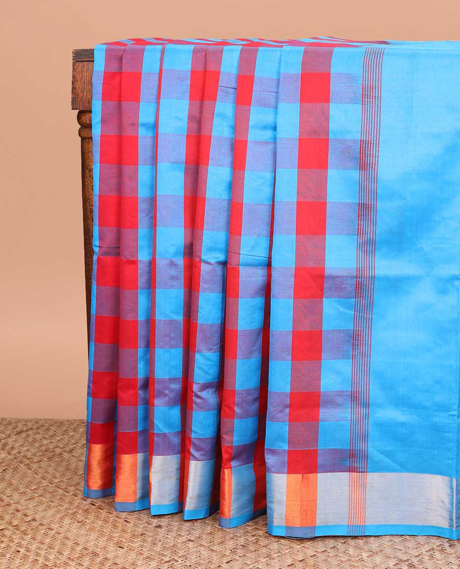 Multi-color checked design poly cotton saree, zari border, and striped pallu