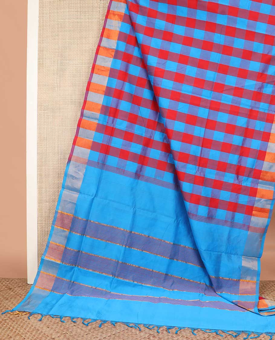 Multi-color checked design poly cotton saree, zari border, and striped pallu