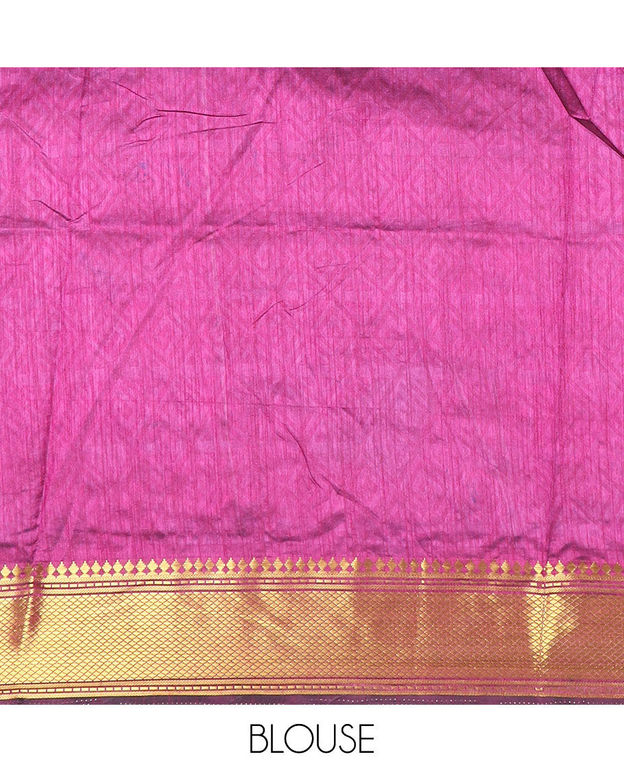 Green buttas semi-banaras patola silk saree, contrast elephant motifs border of traditional zari designs, and pallu of elephant motifs