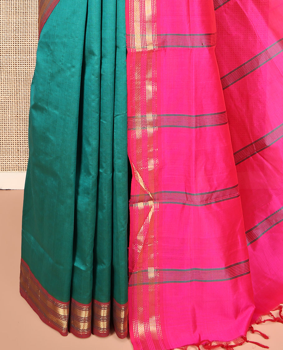 Green Plain Poly Cotton Saree, Complemented by Contrast Traditional Zari Border, Vibrant Striped Pallu, and Paired with a Contrast Blouse