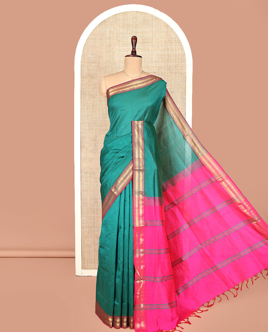 Green Plain Poly Cotton Saree, Complemented by Contrast Traditional Zari Border, Vibrant Striped Pallu, and Paired with a Contrast Blouse