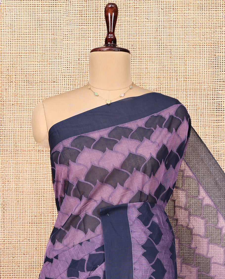 Lavender Coimbatore Cotton Saree, Adorned with Scallop Design on Its Body, a Contrast Plain Border, Pallu of Floral Creeper, and Stripes, and Paired with Contrast Blouse