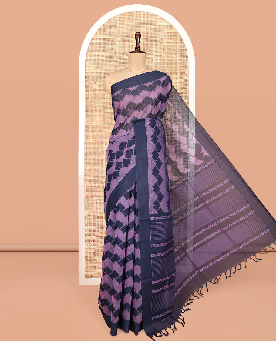 Lavender Coimbatore Cotton Saree, Adorned with Scallop Design on Its Body, a Contrast Plain Border, Pallu of Floral Creeper, and Stripes, and Paired with Contrast Blouse