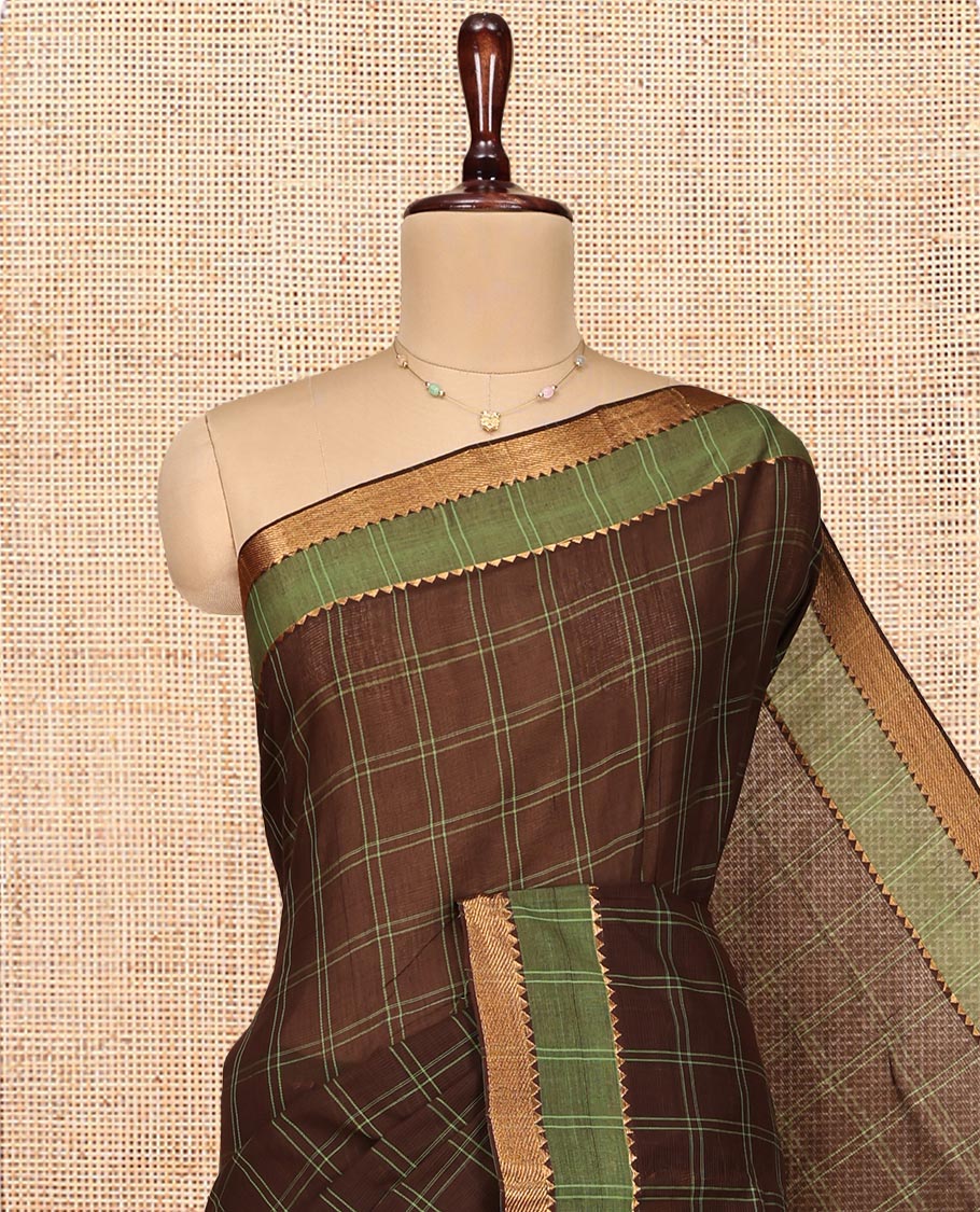 Brown Mangalgiri Cotton Saree, Adorned with Checked Design on Its Body, Complemented by Contrast Temple Border, Zari Striped Pallu, and Paired with Contrast Blouse