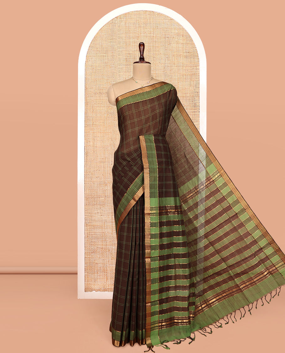 Brown Mangalgiri Cotton Saree, Adorned with Checked Design on Its Body, Complemented by Contrast Temple Border, Zari Striped Pallu, and Paired with Contrast Blouse