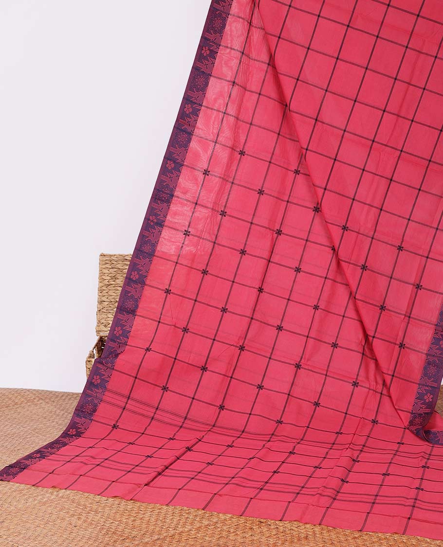Pink checked Chettinad Cotton saree, contrast unique design border