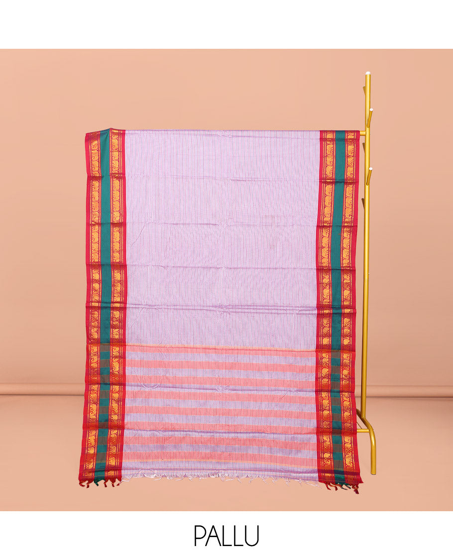 Lavender Striped Narayanpet Cotton Saree, Complemented by a Contrast Traditional Design Rettai Pettu Border, Striped Pallu, and Comes Without a Blouse