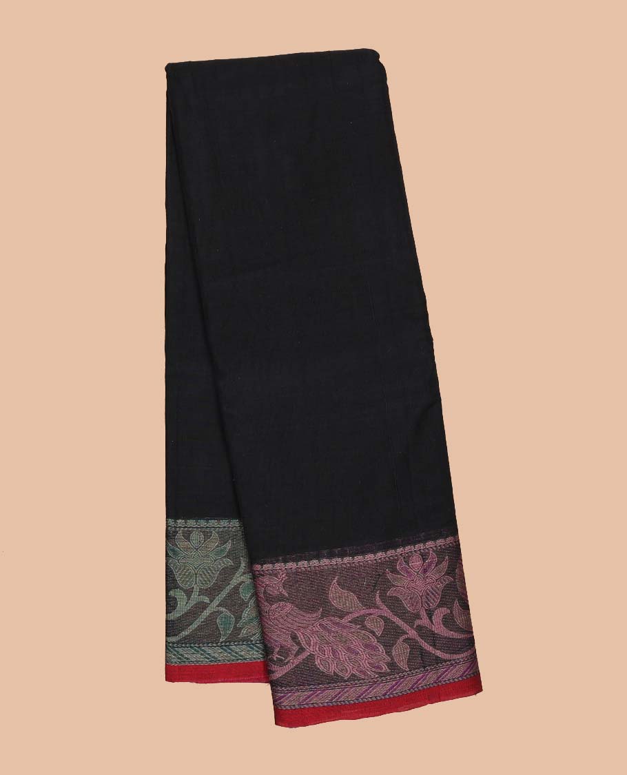 Black plain Narayanapet cotton saree, contrast floral design ganga jamuna border & striped pallu
