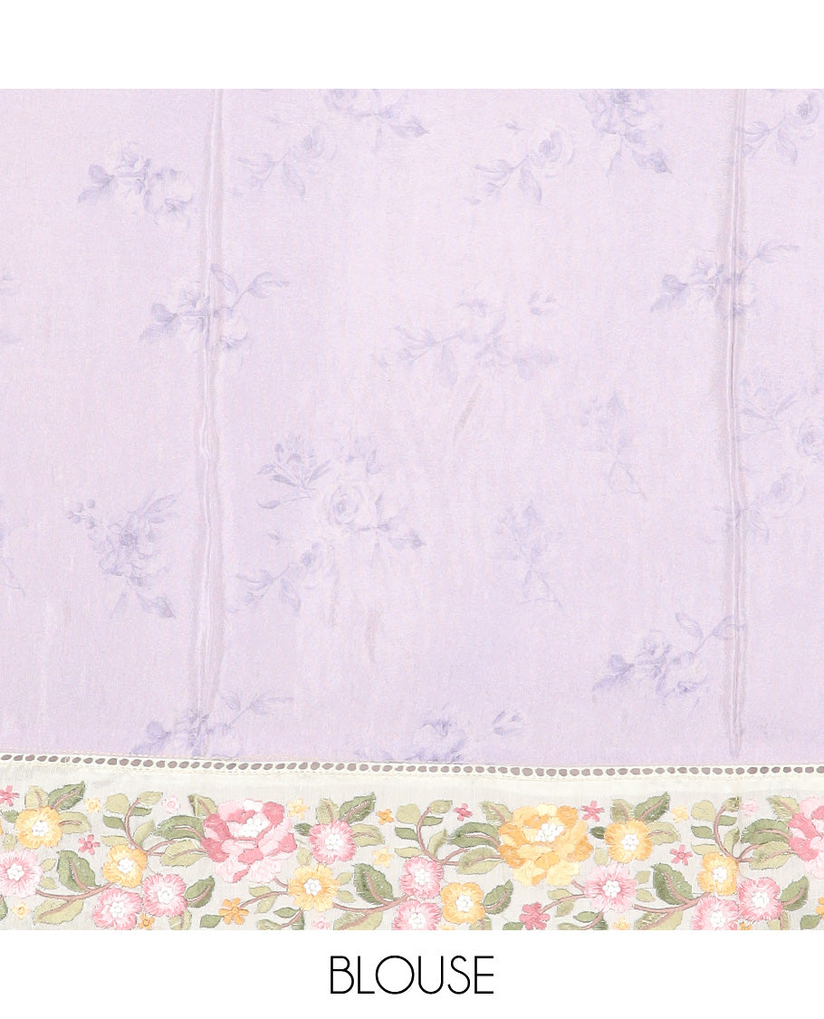 Pastel lavender buttas with floral printed dola silk saree, contrast floral embroidered scallop border