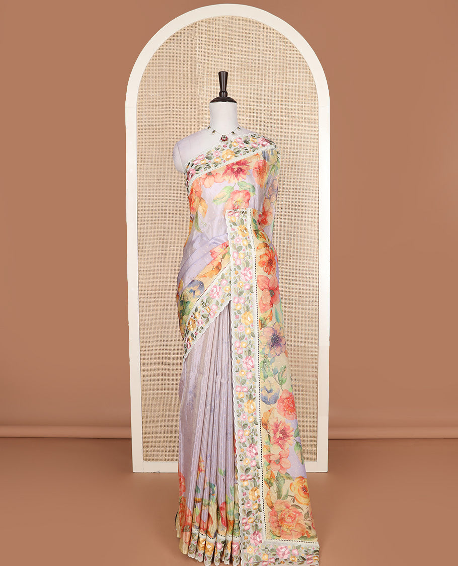 Pastel lavender buttas with floral printed dola silk saree, contrast floral embroidered scallop border