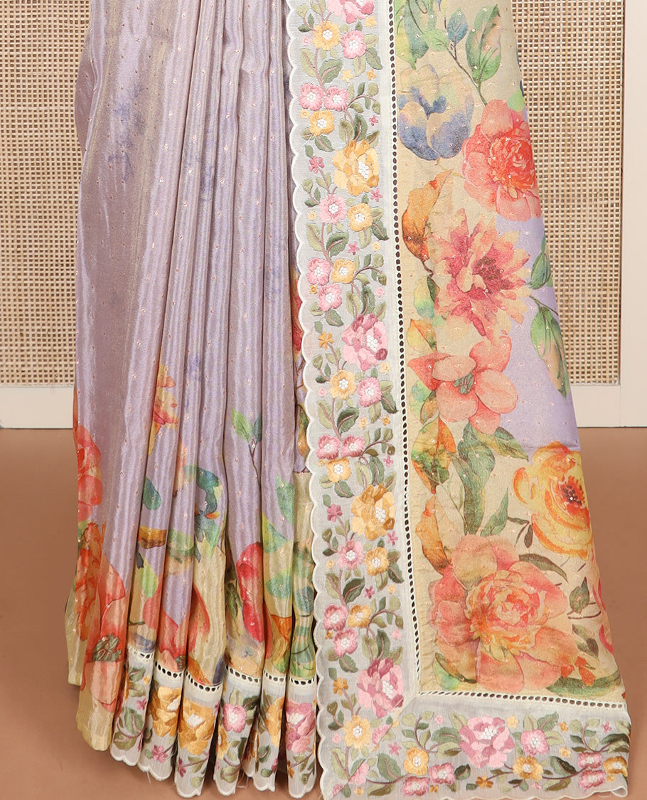 Pastel lavender buttas with floral printed dola silk saree, contrast floral embroidered scallop border