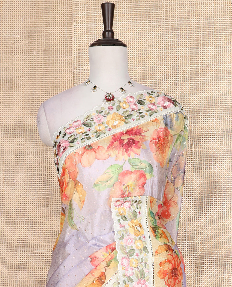 Pastel lavender buttas with floral printed dola silk saree, contrast floral embroidered scallop border