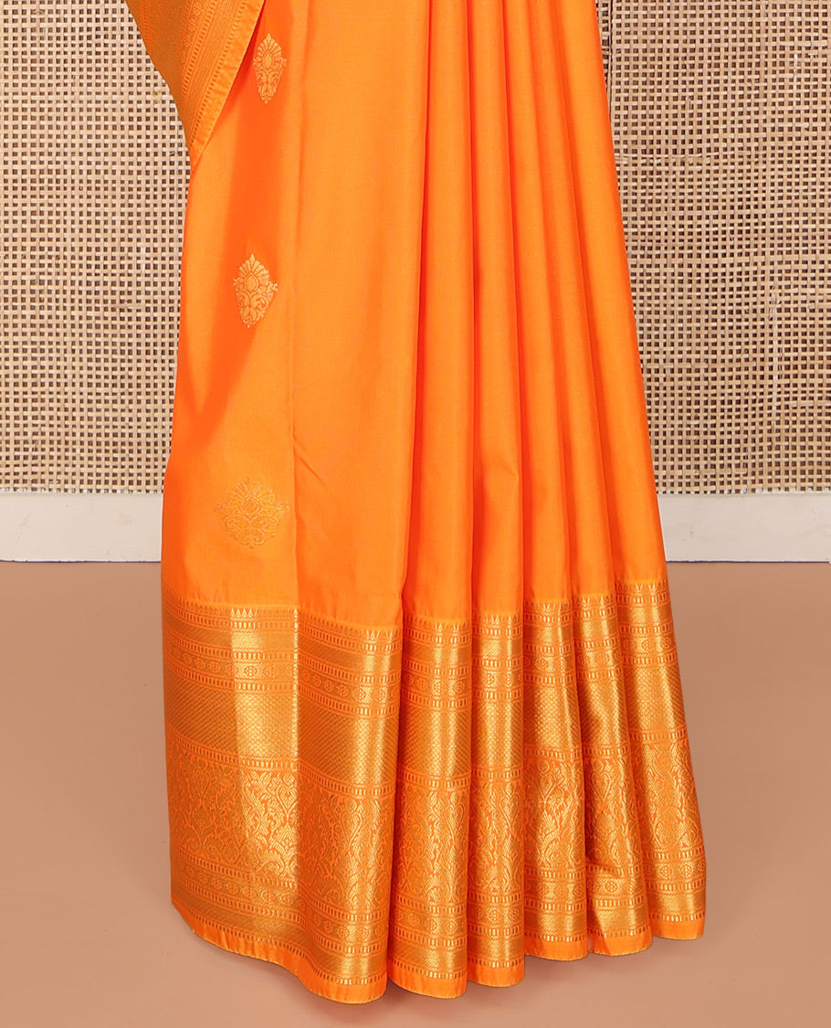 Orange Budget Silk Saree, Enthralled with Zari Buttas on Its Body, Highlighted by a Traditional Zari Design Border, Grandly Jaal-Patterned Pallu, and Paired with a Matching Blouse