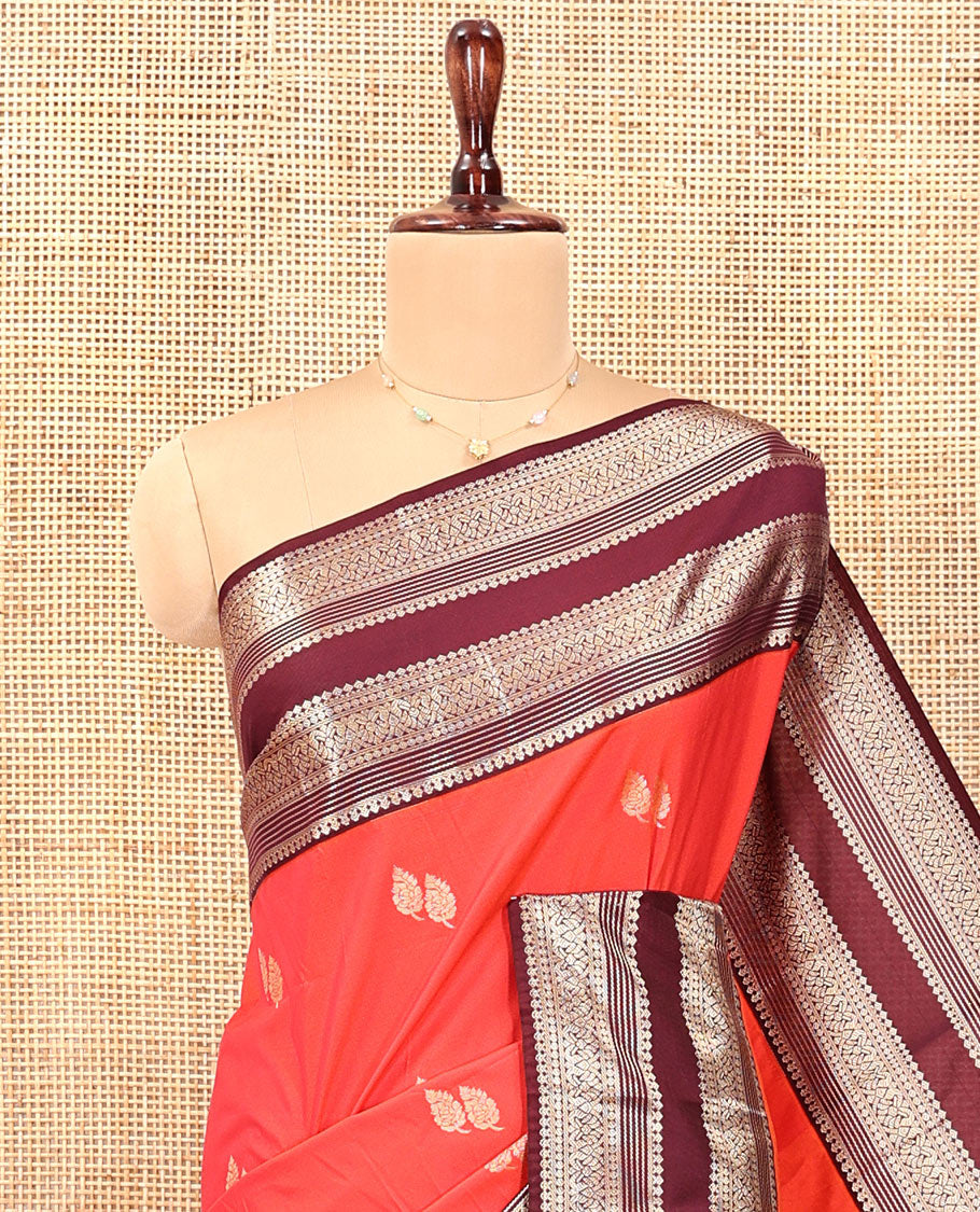Orange and Brown Budget Silk Saree, Enriched with Leaf Zari Buttas All Over Its Body, Complemented by Contrast Rettai Pettu Traditional Zari Designs Woven Border, Grand Jaal Pallu, and Paired with a Contrast Blouse