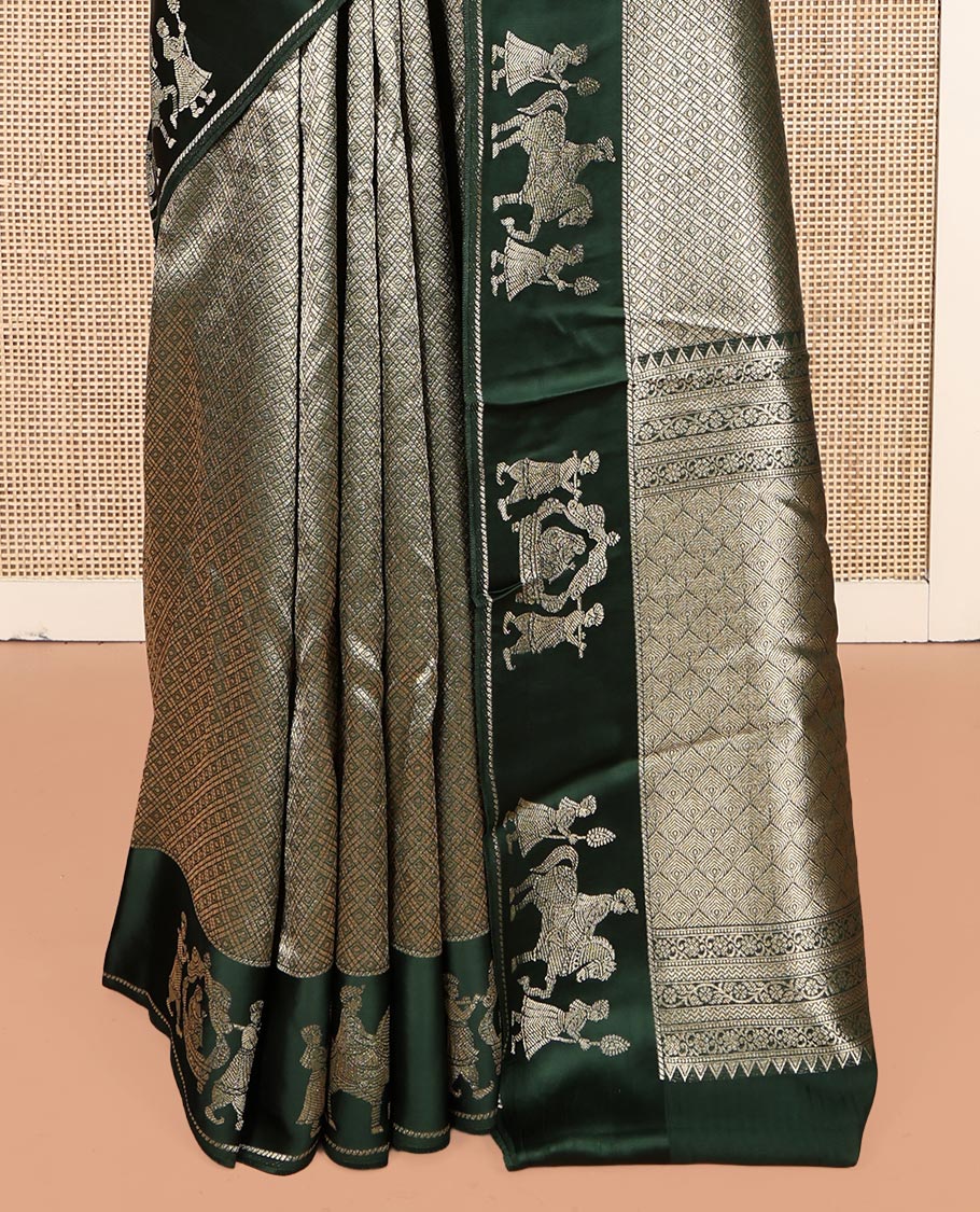 Mehenti Green Russian Dola Silk Saree Features Jacquard, Wedding-Themed Border, Jaal Pallu, Matching Blouse