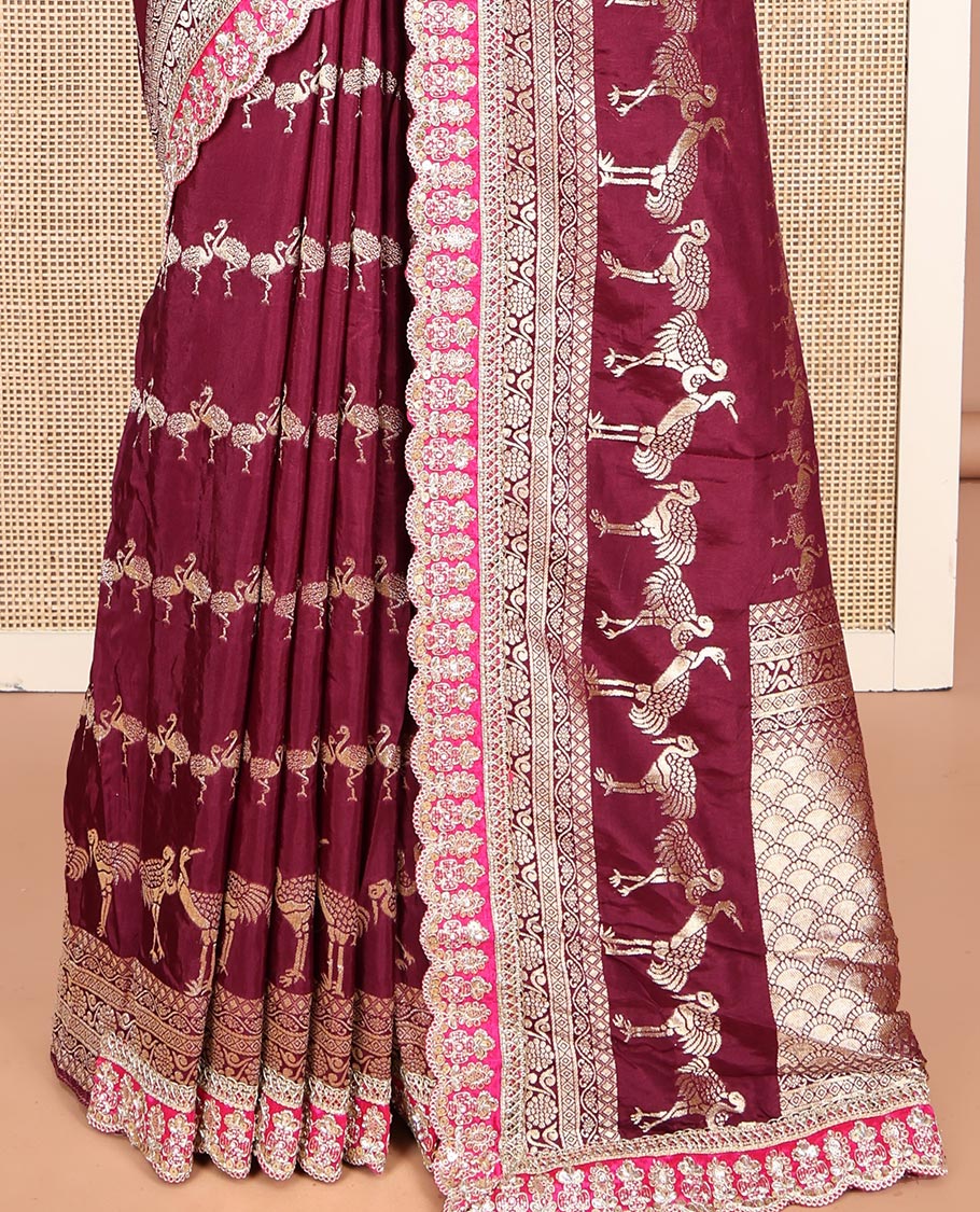 Wine Bird Buttas Russian Dola Silk Saree, Contrast Patchwork Border, Matching Blouse