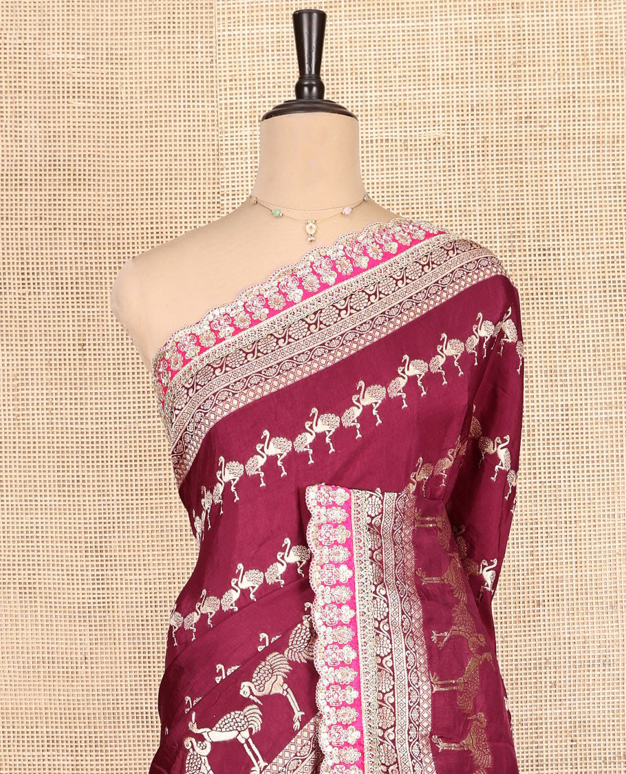 Wine Bird Buttas Russian Dola Silk Saree, Contrast Patchwork Border, Matching Blouse