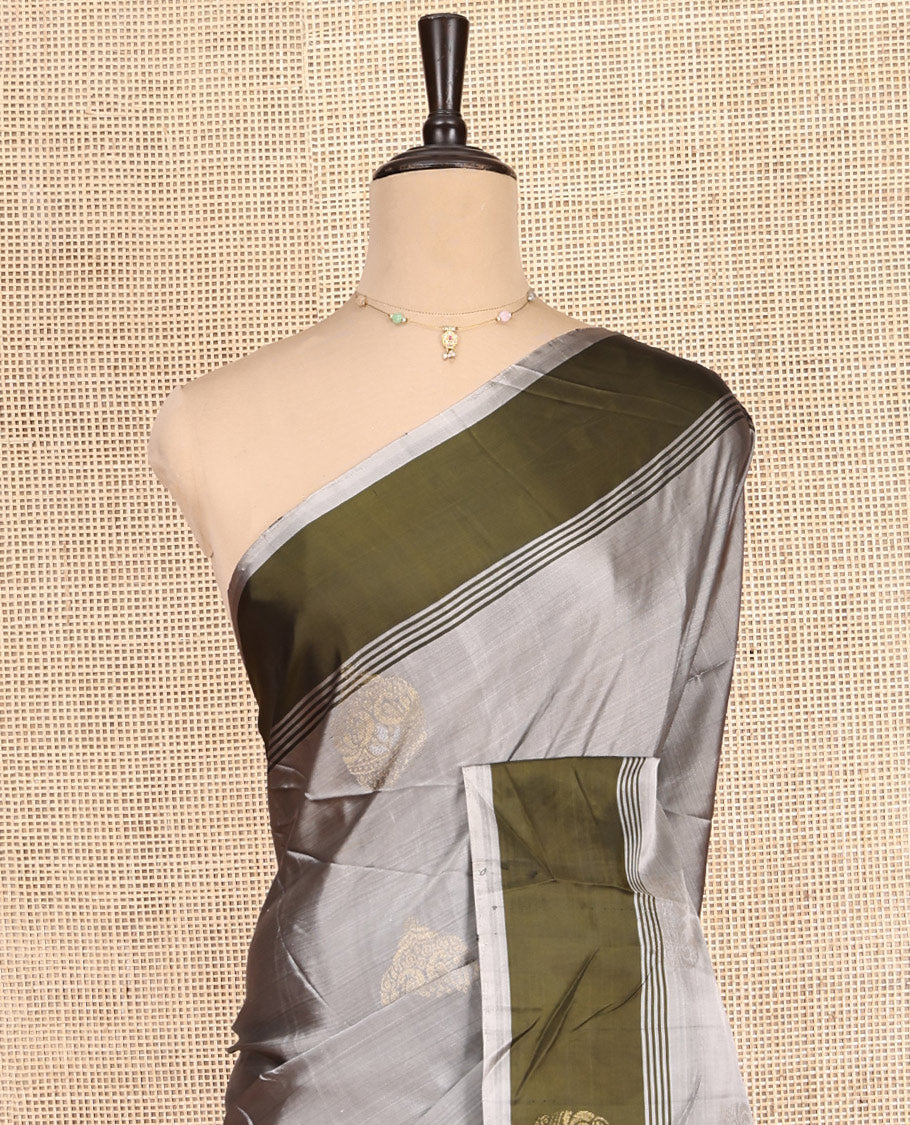 Grey-Mehendi Buttas Mayuri Lite Silk Mix Saree, Contrast Border, Grand Pallu, Contrast Blouse
