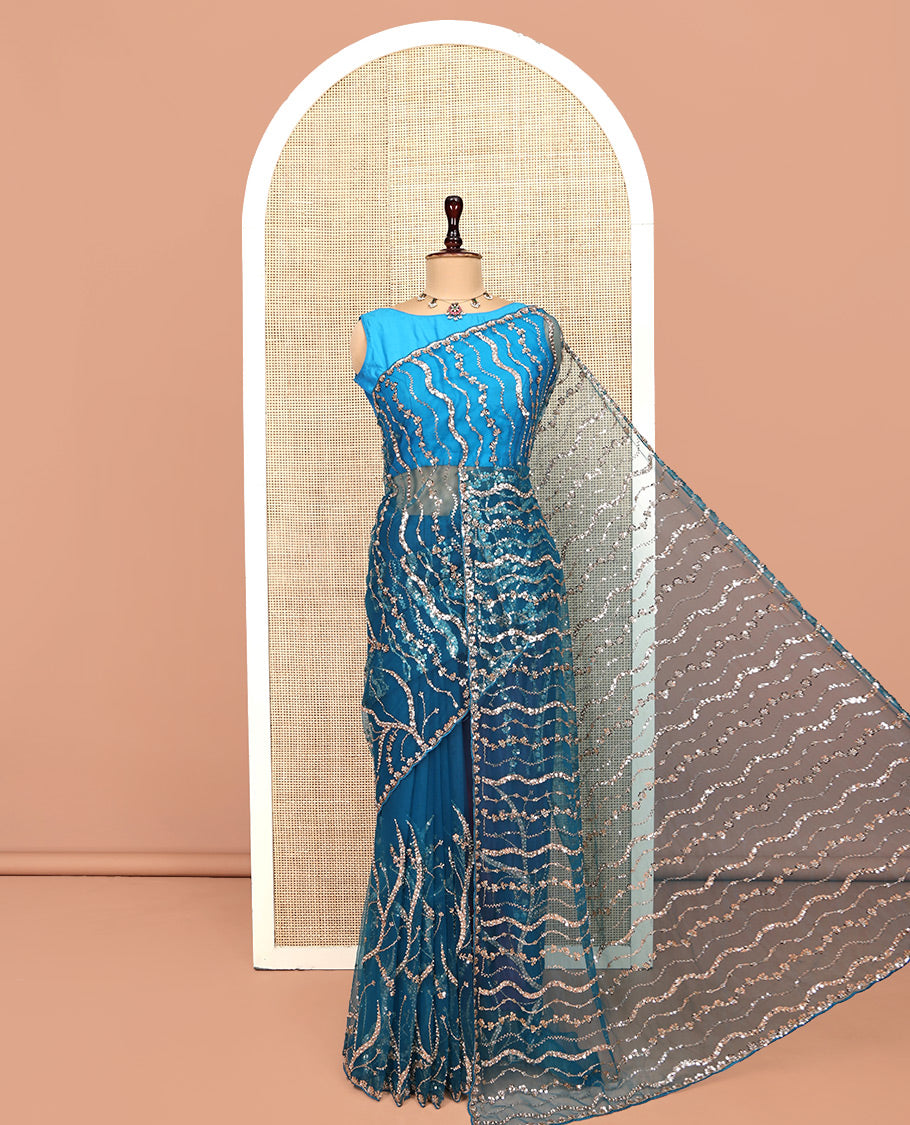 Peacock Green Zig-Zag Sequin Striped Net Designer Saree with Matching Blouse