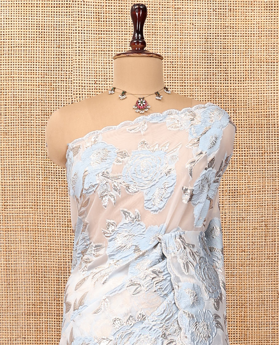 Sky Blue Turkey Organza Saree Features Floral Gold-Glitter work, Scallop Border, a Embroidered Blouse