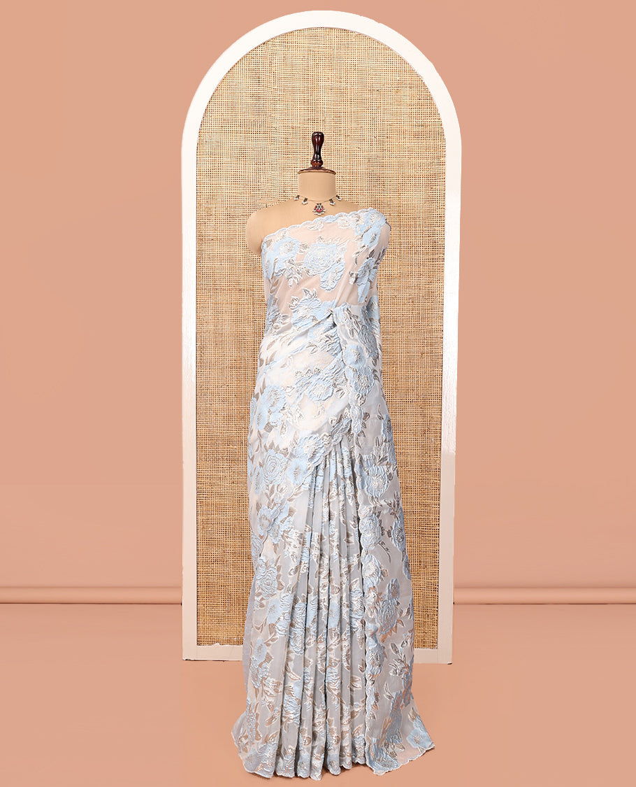 Sky Blue Turkey Organza Saree Features Floral Gold-Glitter work, Scallop Border, a Embroidered Blouse