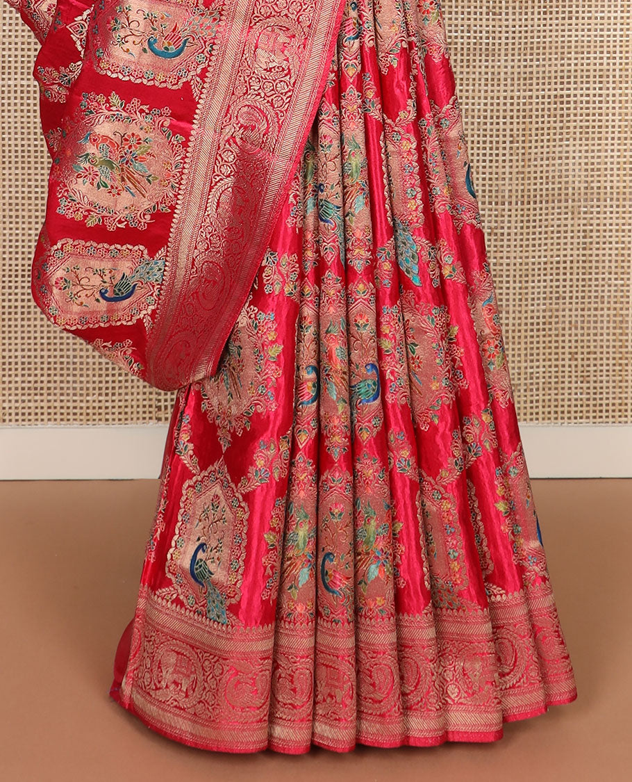 Pink meenakari-style floral & bird enclosed arches printed dola satin silk saree, traditional peacock-elephant zari border & ogee patterned pallu