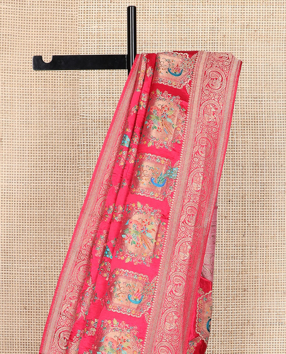 Pink meenakari-style floral & bird enclosed arches printed dola satin silk saree, traditional peacock-elephant zari border & ogee patterned pallu