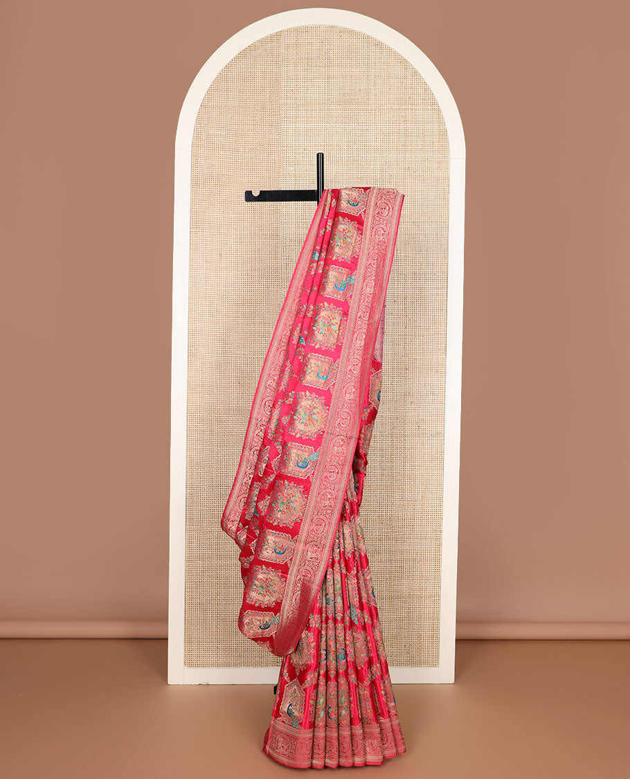 Pink meenakari-style floral & bird enclosed arches printed dola satin silk saree, traditional peacock-elephant zari border & ogee patterned pallu