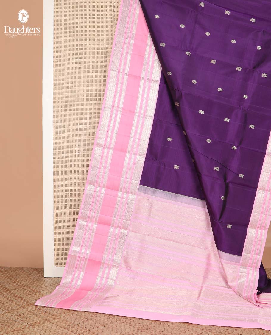 Purple annam chakram buttas Kanchipuram silksaree, contrast rettai pettu traditional zari border, and pallu steeped with traditional motifs