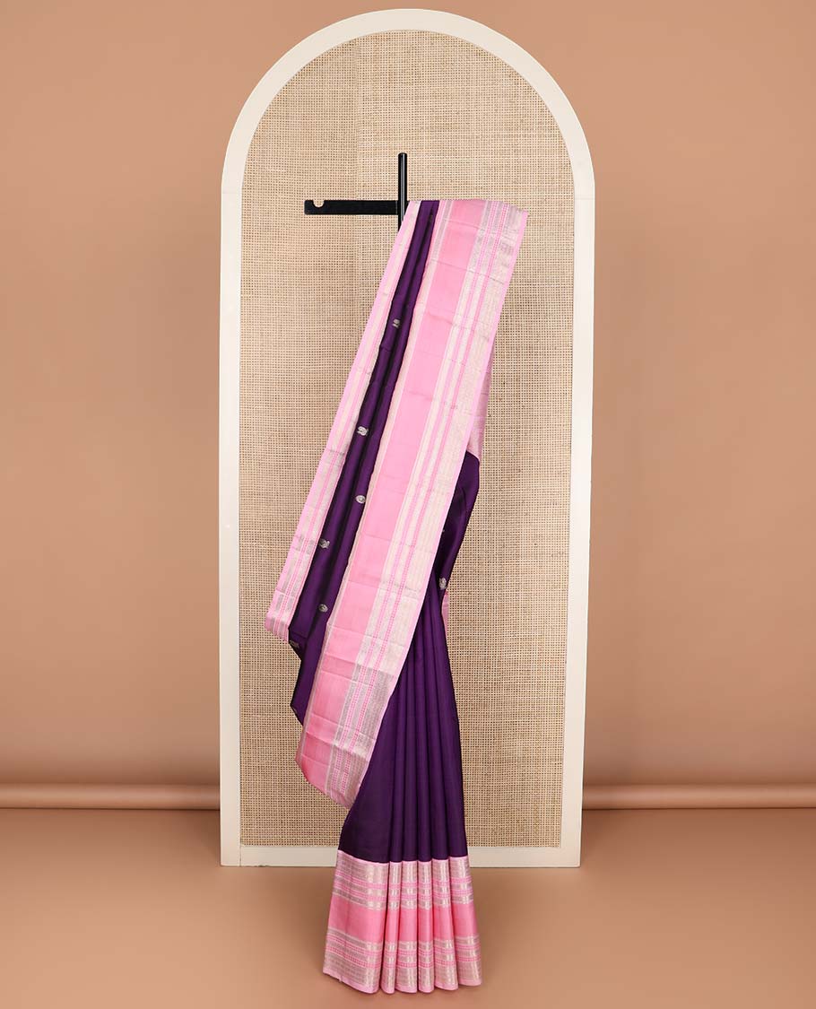 Purple annam chakram buttas Kanchipuram silksaree, contrast rettai pettu traditional zari border, and pallu steeped with traditional motifs