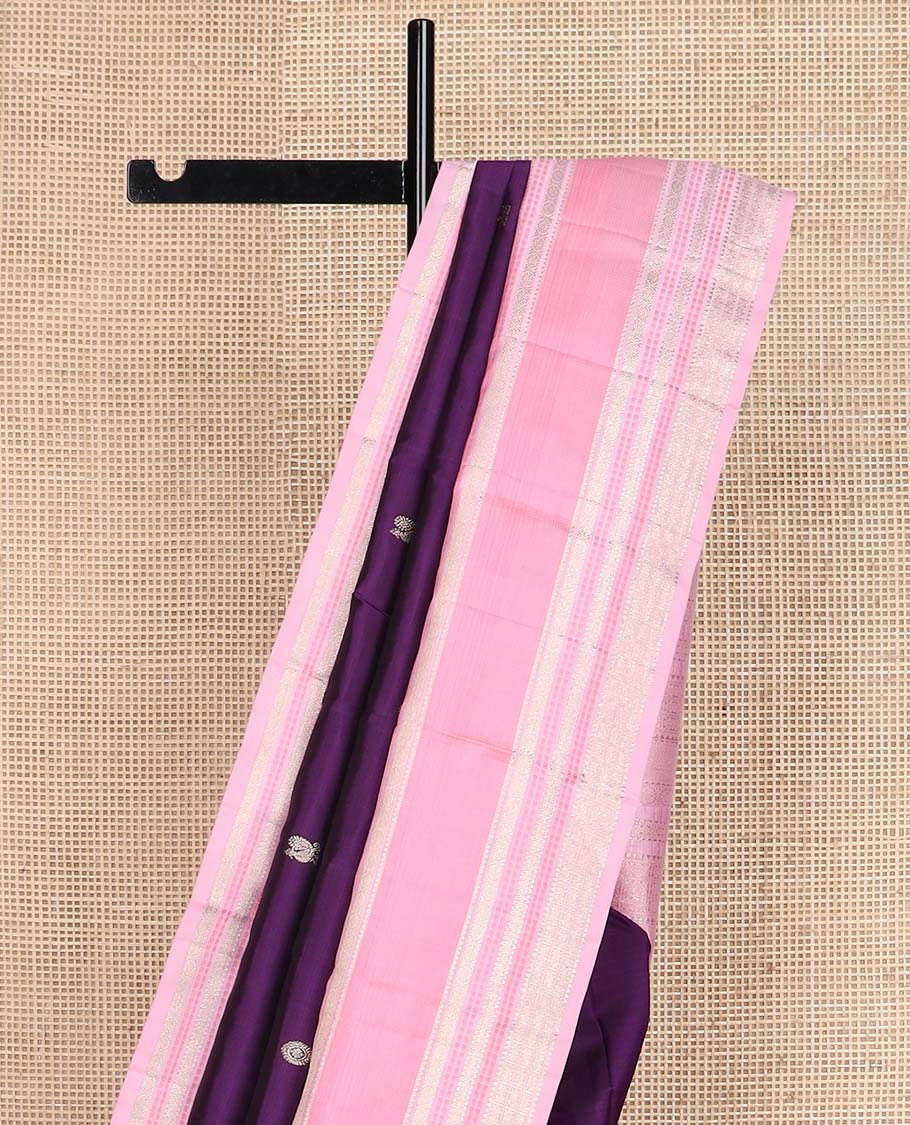 Purple annam chakram buttas Kanchipuram silksaree, contrast rettai pettu traditional zari border, and pallu steeped with traditional motifs