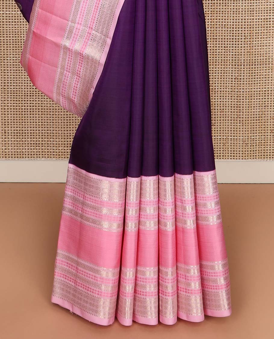 Purple annam chakram buttas Kanchipuram silksaree, contrast rettai pettu traditional zari border, and pallu steeped with traditional motifs