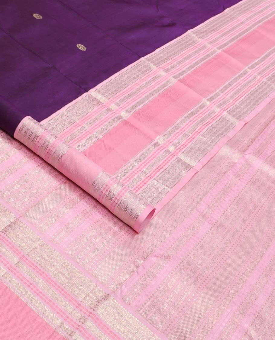 Purple annam chakram buttas Kanchipuram silksaree, contrast rettai pettu traditional zari border, and pallu steeped with traditional motifs