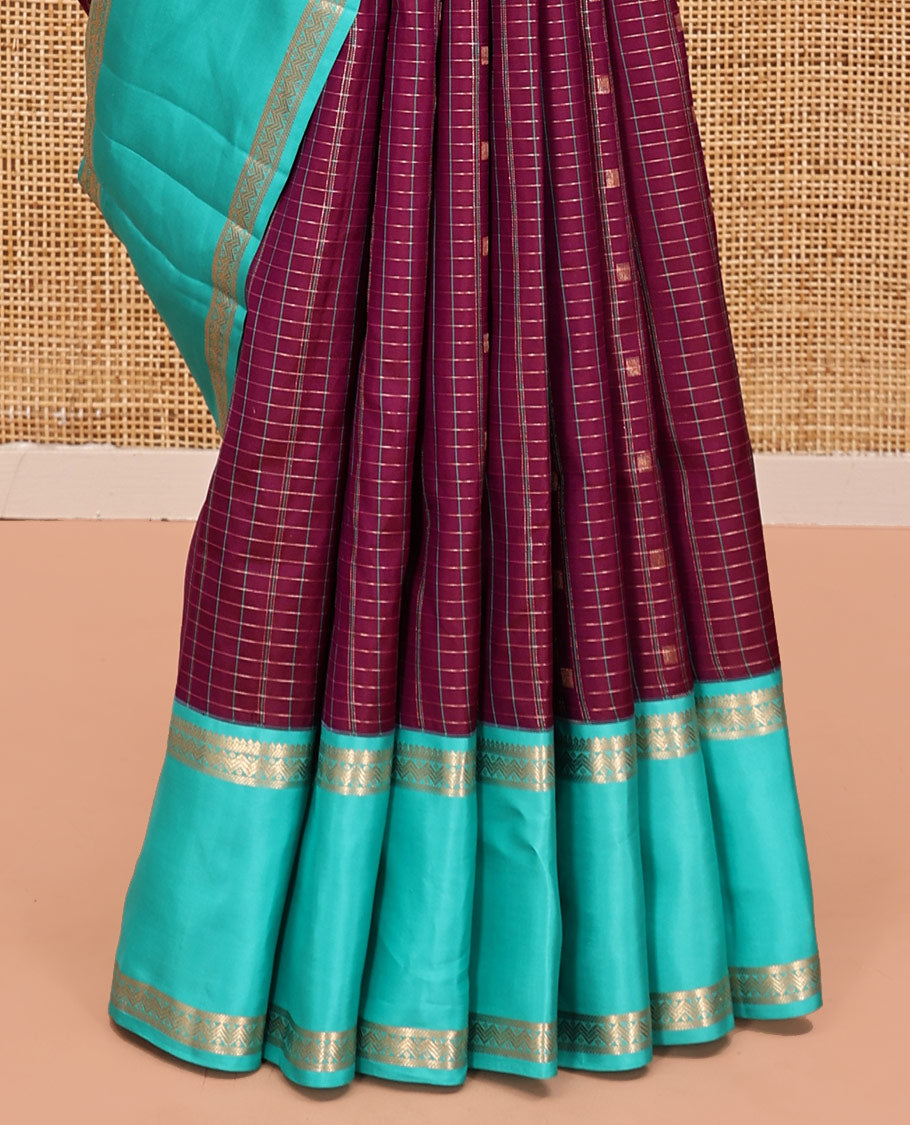 Magenta-Sapphire Blue Vasundhara Silk Saree Features Zari Butta and Checks, Contrast Rettai Pettu Border, Jaal Pallu, and a Contrast Blouse
