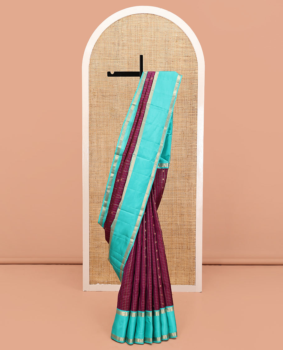 Magenta-Sapphire Blue Vasundhara Silk Saree Features Zari Butta and Checks, Contrast Rettai Pettu Border, Jaal Pallu, and a Contrast Blouse