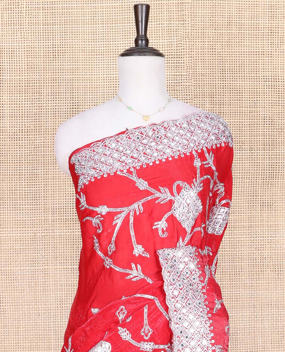 Dazzling Red Designer Saree, Richly Detailed with Floral-Jaal Style Mixed Embroidery on Its Body, Highlighted by Jaal-Patterned Scallop Embroidered Border, Self-Design Pallu, and Paired with a Heavy Embroidered Matching Blouse