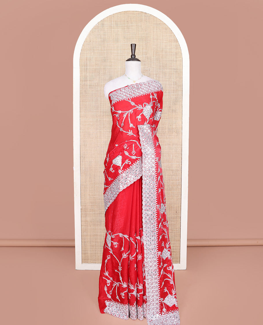 Dazzling Red Designer Saree, Richly Detailed with Floral-Jaal Style Mixed Embroidery on Its Body, Highlighted by Jaal-Patterned Scallop Embroidered Border, Self-Design Pallu, and Paired with a Heavy Embroidered Matching Blouse