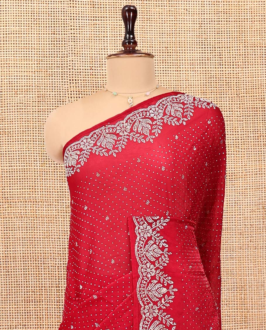 Red Designer Saree, Beautified with Stone Work On Its Body, Highlighted by Intricately Stone Work Border, and Paired with a Matching Blouse