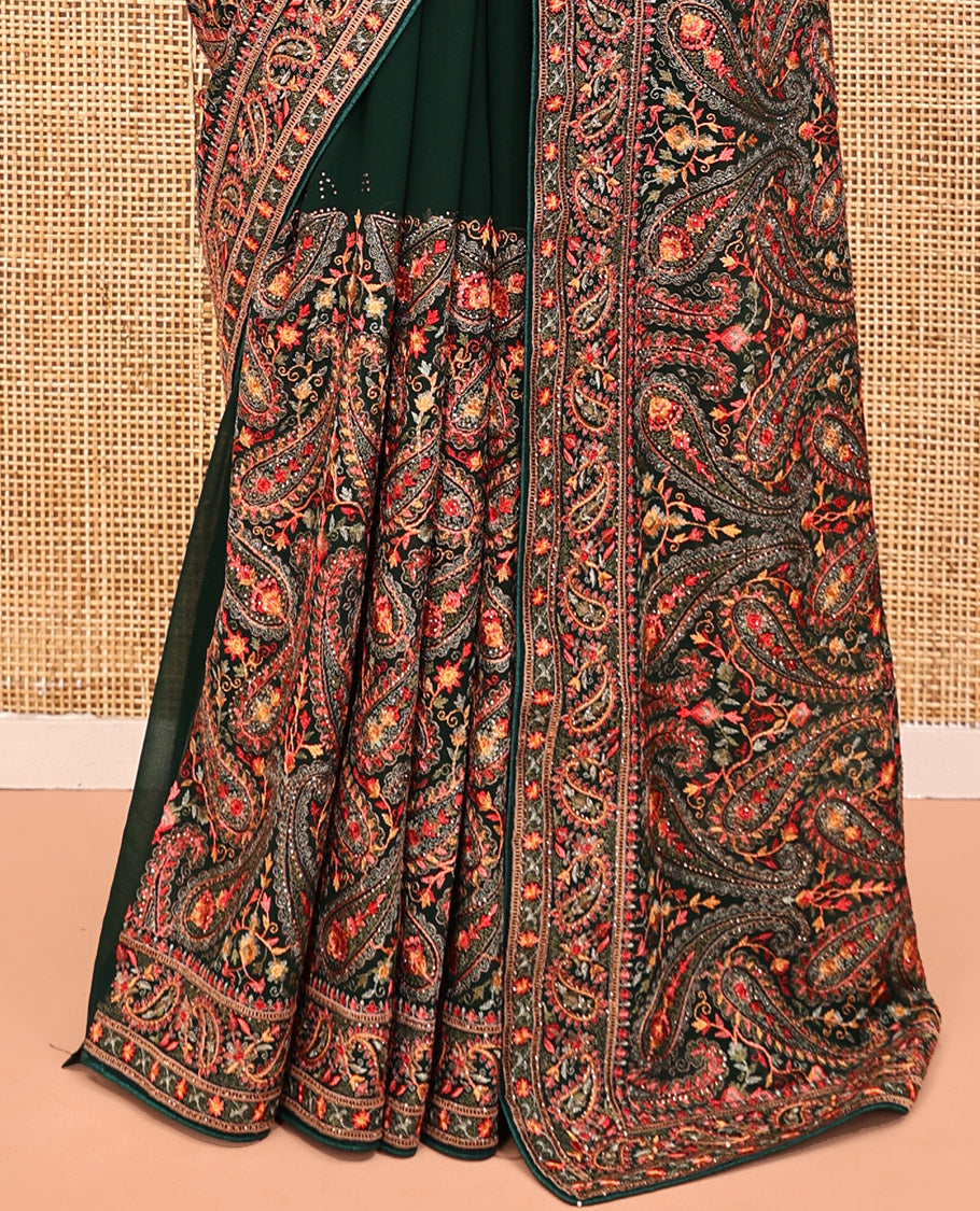 Green Designer Saree, Artfully Detailed with Paisley Embroidery, a Paisley Embroidered Border, and a Matching Blouse