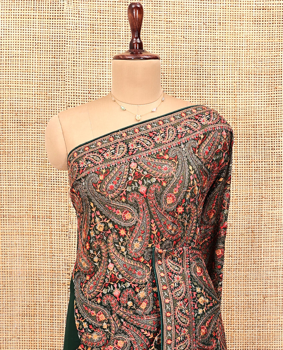 Green Designer Saree, Artfully Detailed with Paisley Embroidery, a Paisley Embroidered Border, and a Matching Blouse