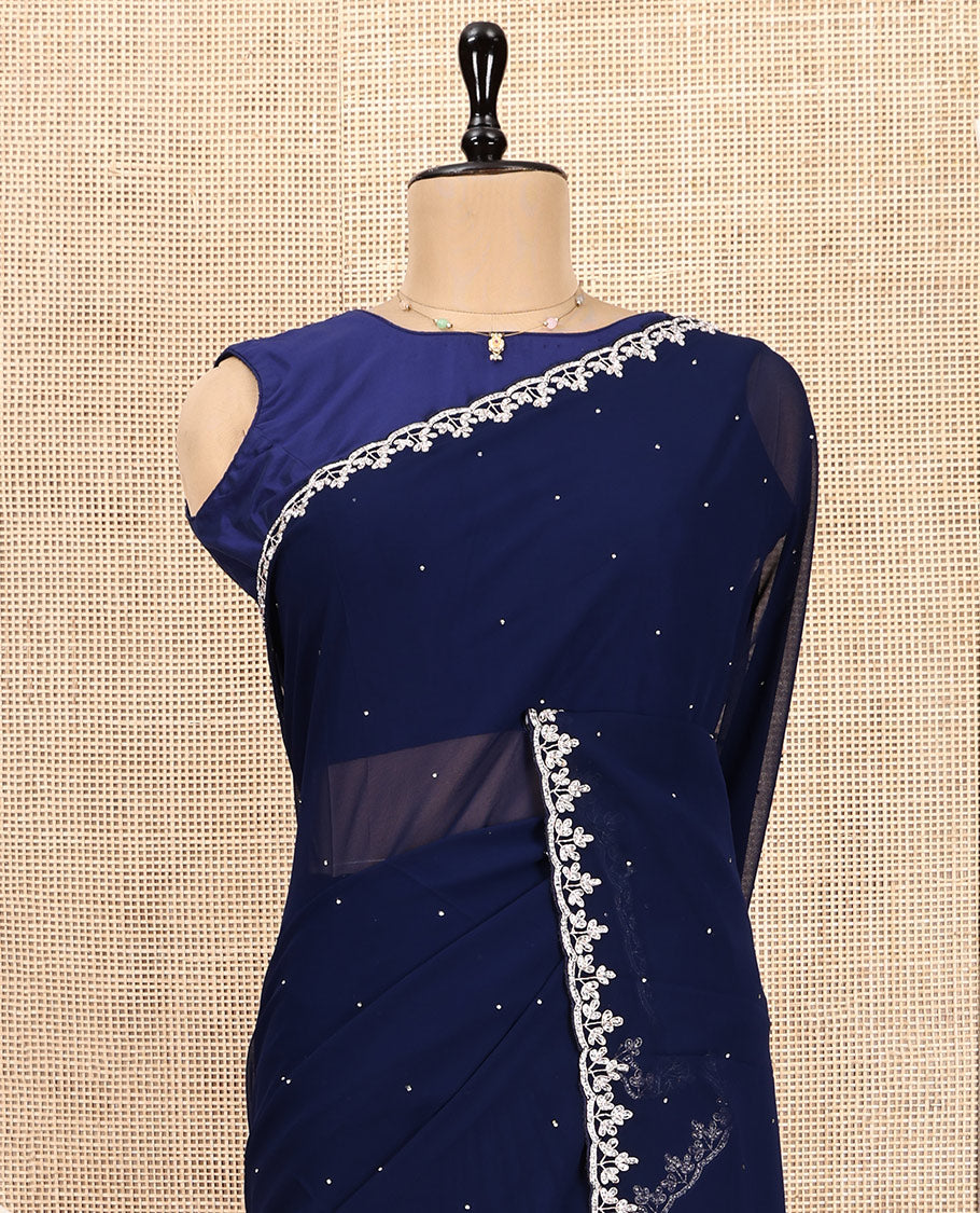 Navy Blue Designer Saree, Adorned with Stone Work, Scallop Stone-Embroidered Border, and Embroidered Matching Blouse