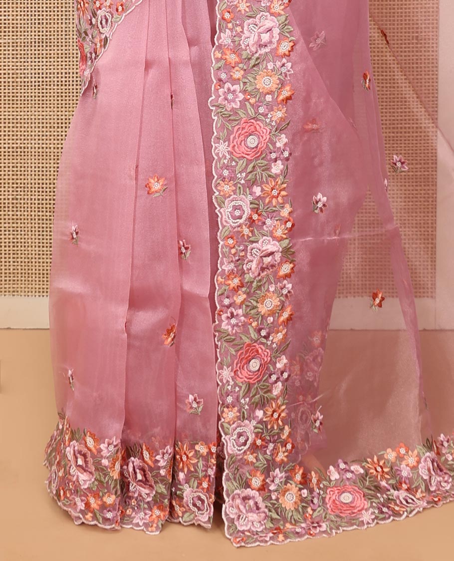 Pink Organza Saree, Mesmerized with Flower Motifs Embroidery Border, a Scallop Floral Embroidered Border, and a Matching Blouse
