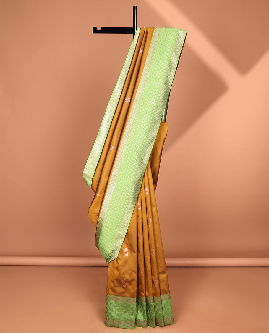 Brown motifs fancy softy saree with contrast checked design border & floral checked zari design pallu