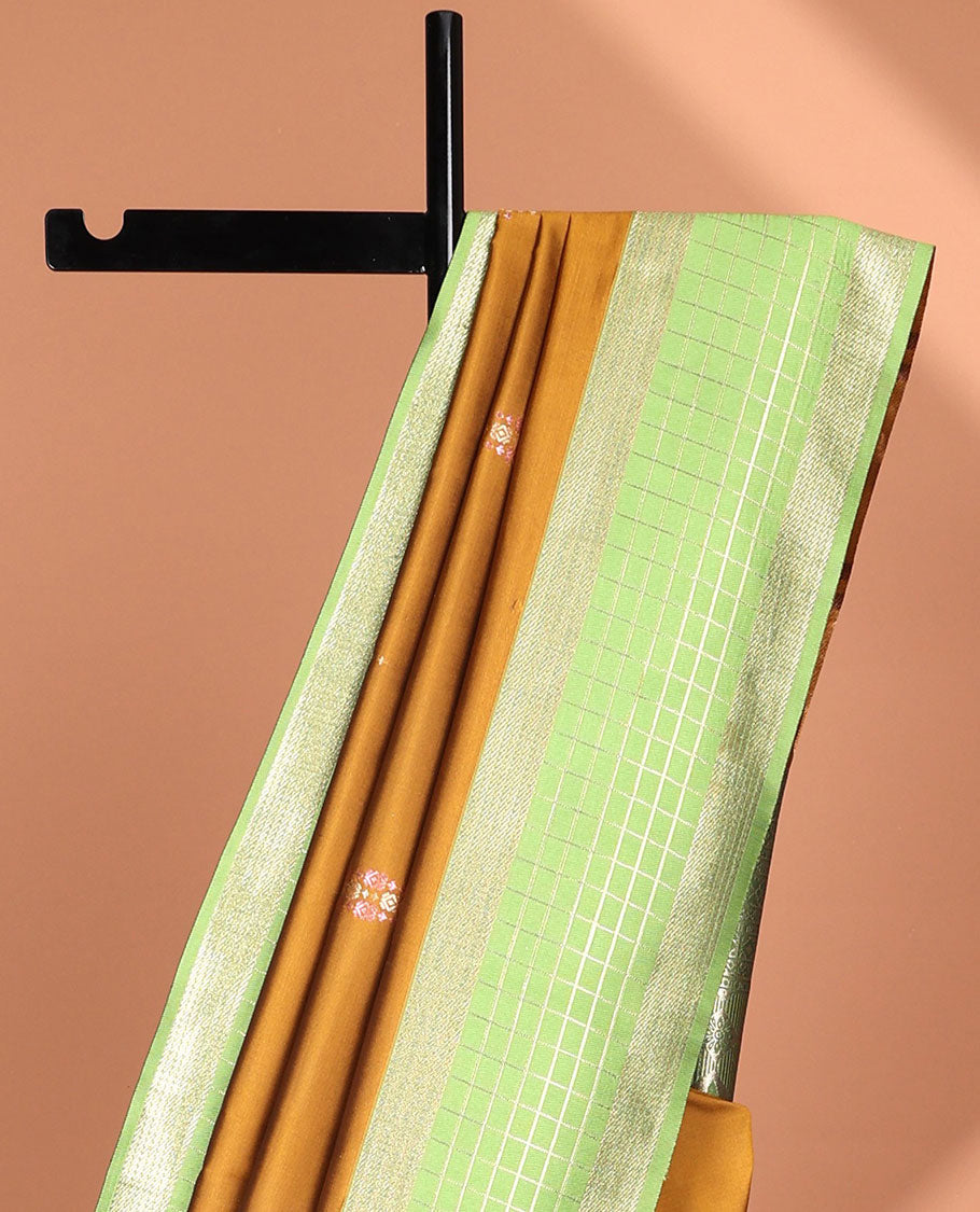 Brown motifs fancy softy saree with contrast checked design border & floral checked zari design pallu