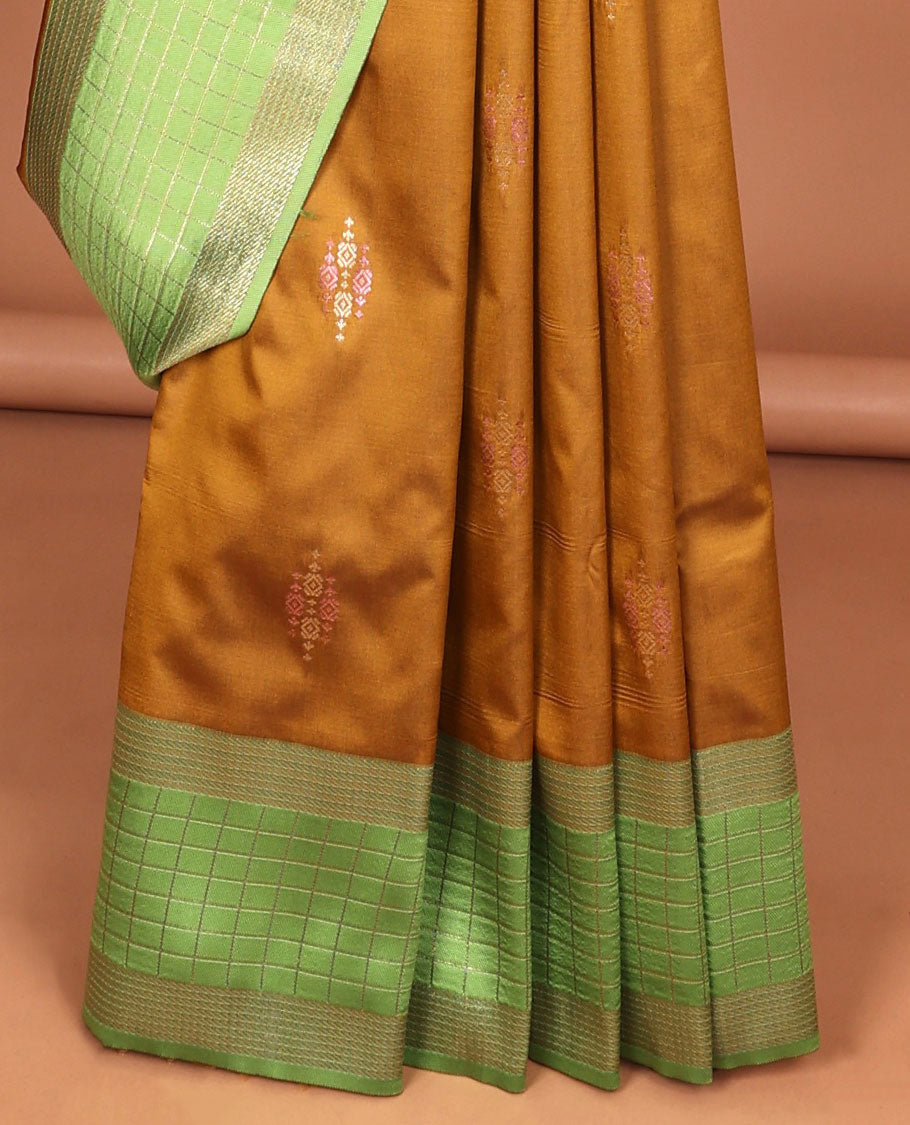 Brown motifs fancy softy saree with contrast checked design border & floral checked zari design pallu