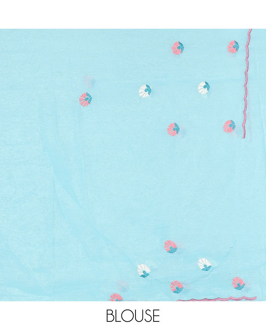 Blue floral motifs embroidered with stone work designer saree, scallop floral vine and bird embroidered border