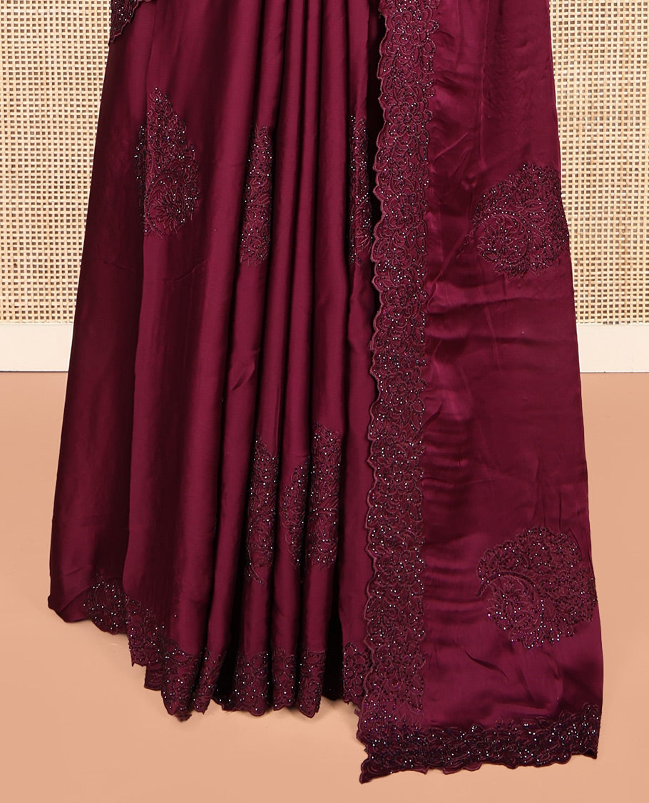 Maroon Designer Saree, Finely Crafted with Floral Stone Patchwork, a Scallop Stonework Border, and a Matching Blouse