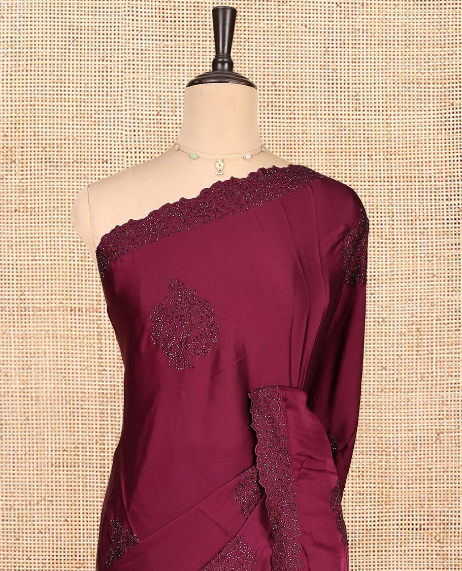 Maroon Designer Saree, Finely Crafted with Floral Stone Patchwork, a Scallop Stonework Border, and a Matching Blouse